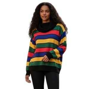 Vintage Yellow Green Red Blue Black Striped Cowl Neck Tunic Sweater women's med